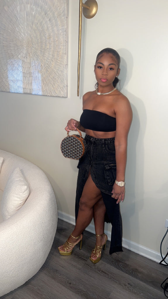 Black denim maxi skirt